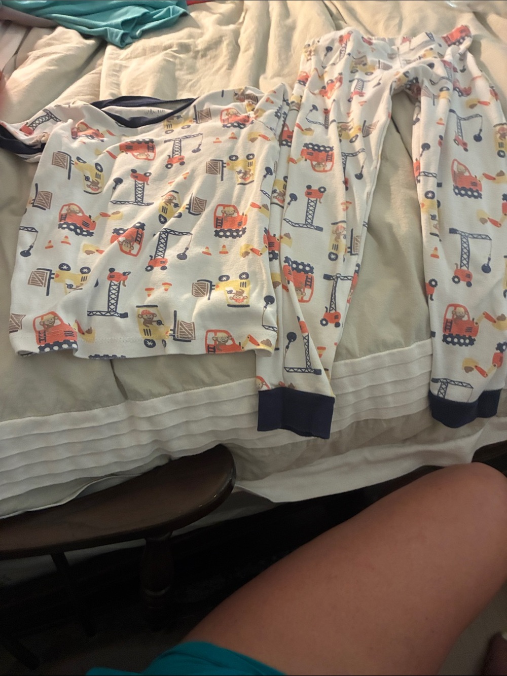 Kids White Construction-Print Pajama Set with Navy Trim